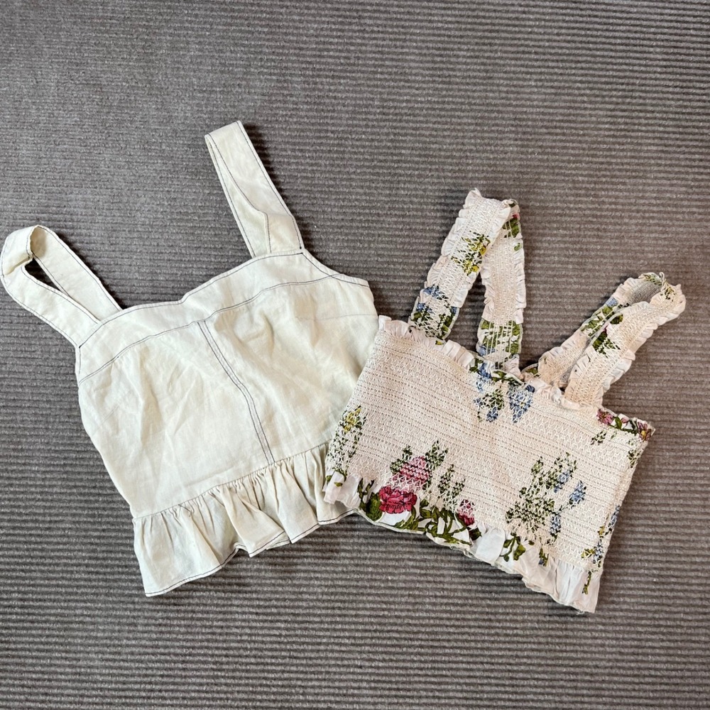 Urban Outfitters Linen Blend Contrast Stitch & Floral Smocked Crop Tops XS/S